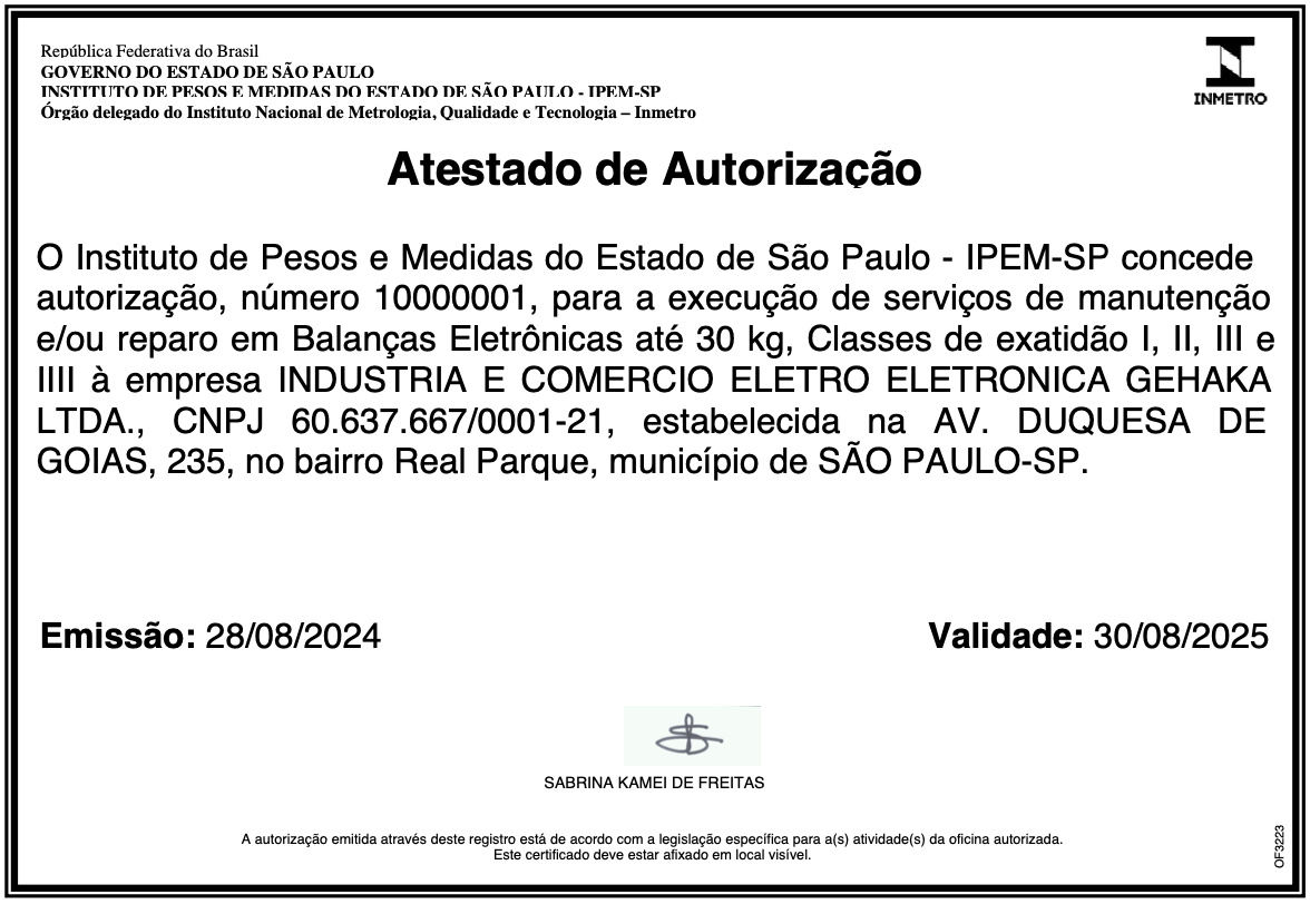 Autorização do Ipem - Balanças
